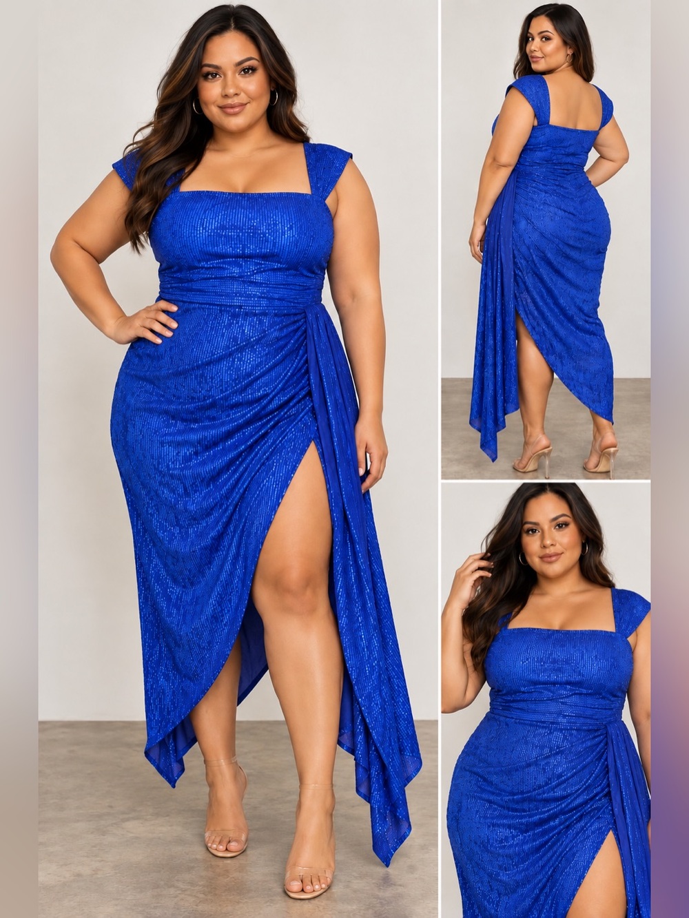 Plus-Size Royal Blue Sequin  High-Slit Drape Dress